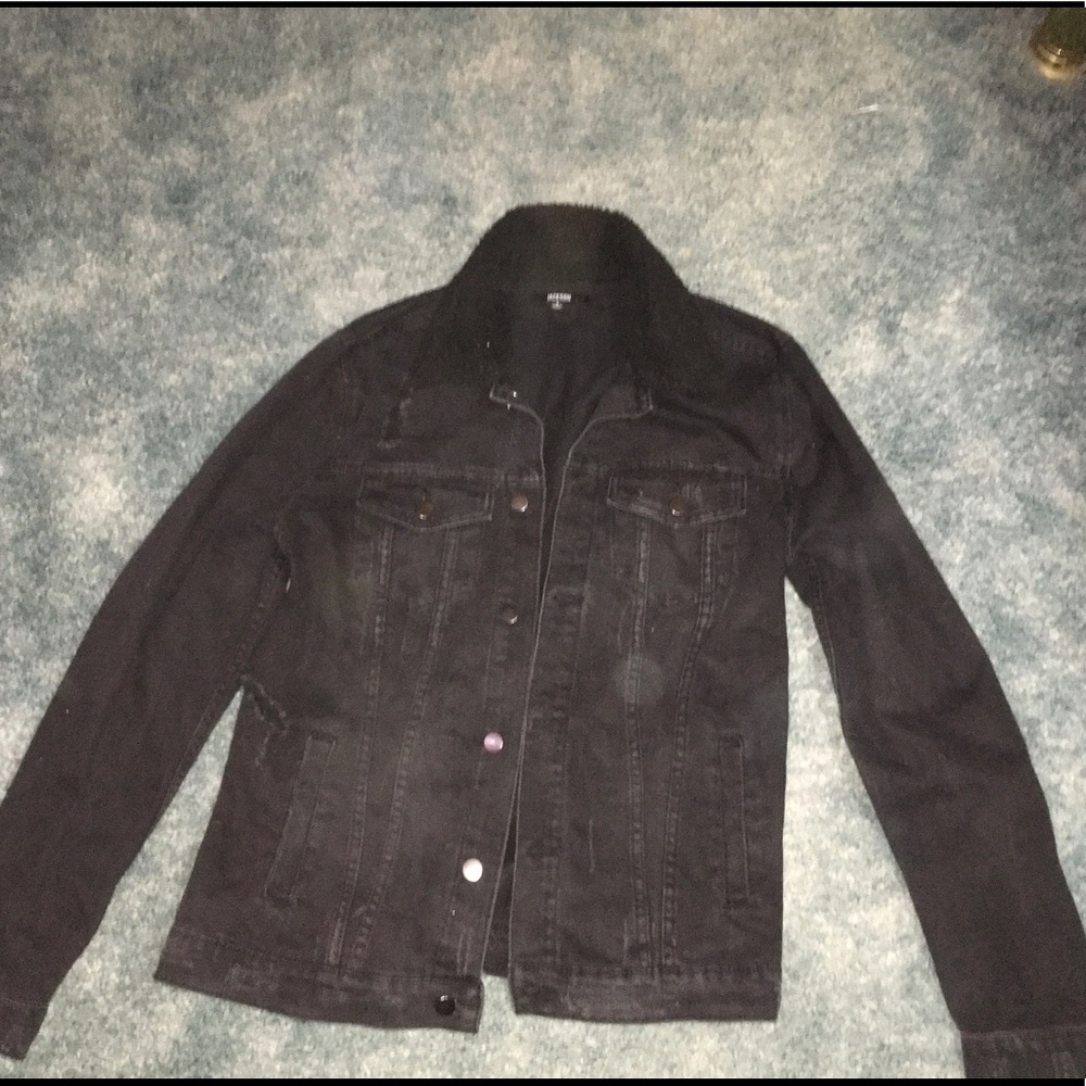 Sherpa collar black denim jacket with distressing